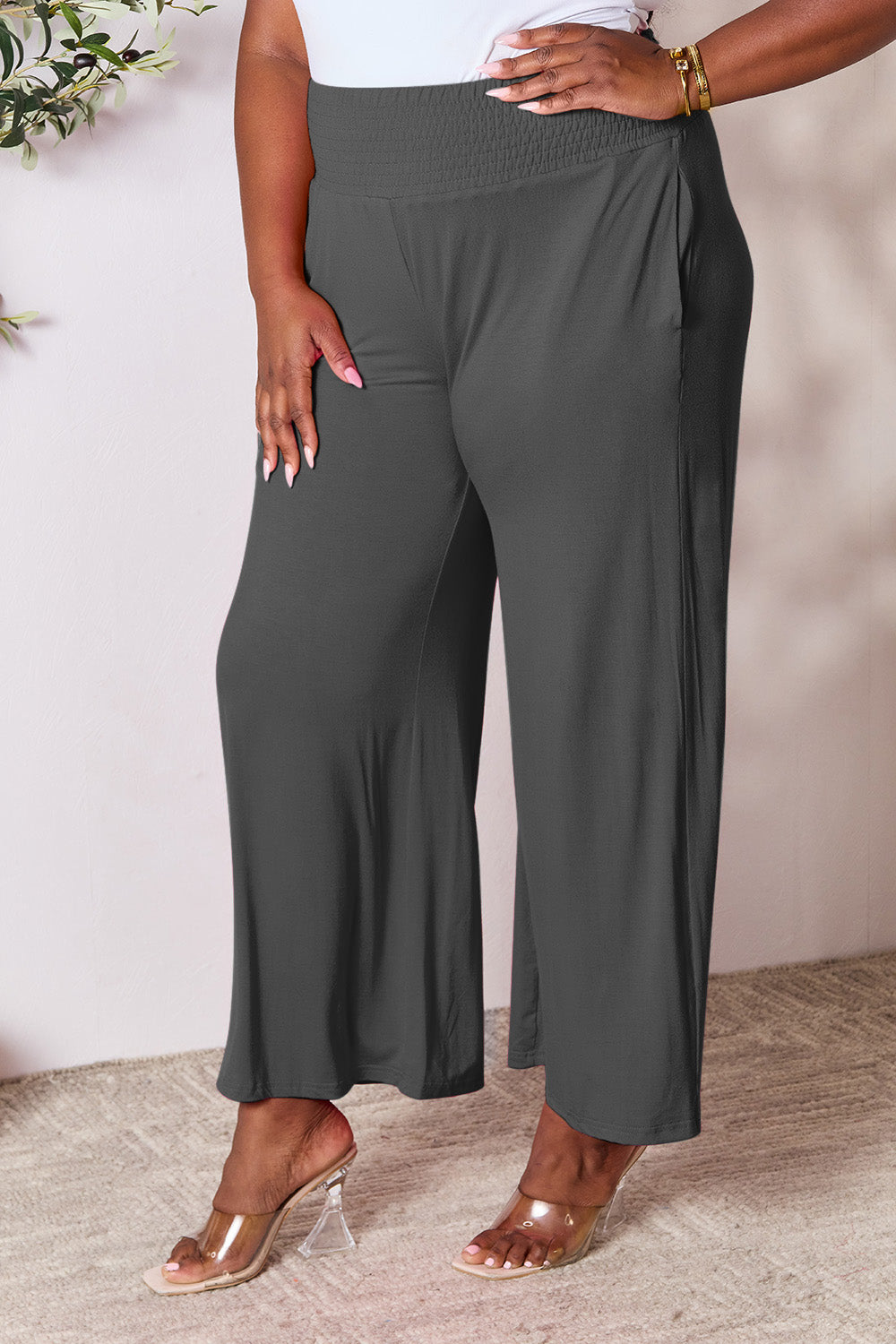 Double Take Full Size Smocked Wide Waistband Wide Leg Pants - In Style Chics Boutique LLC