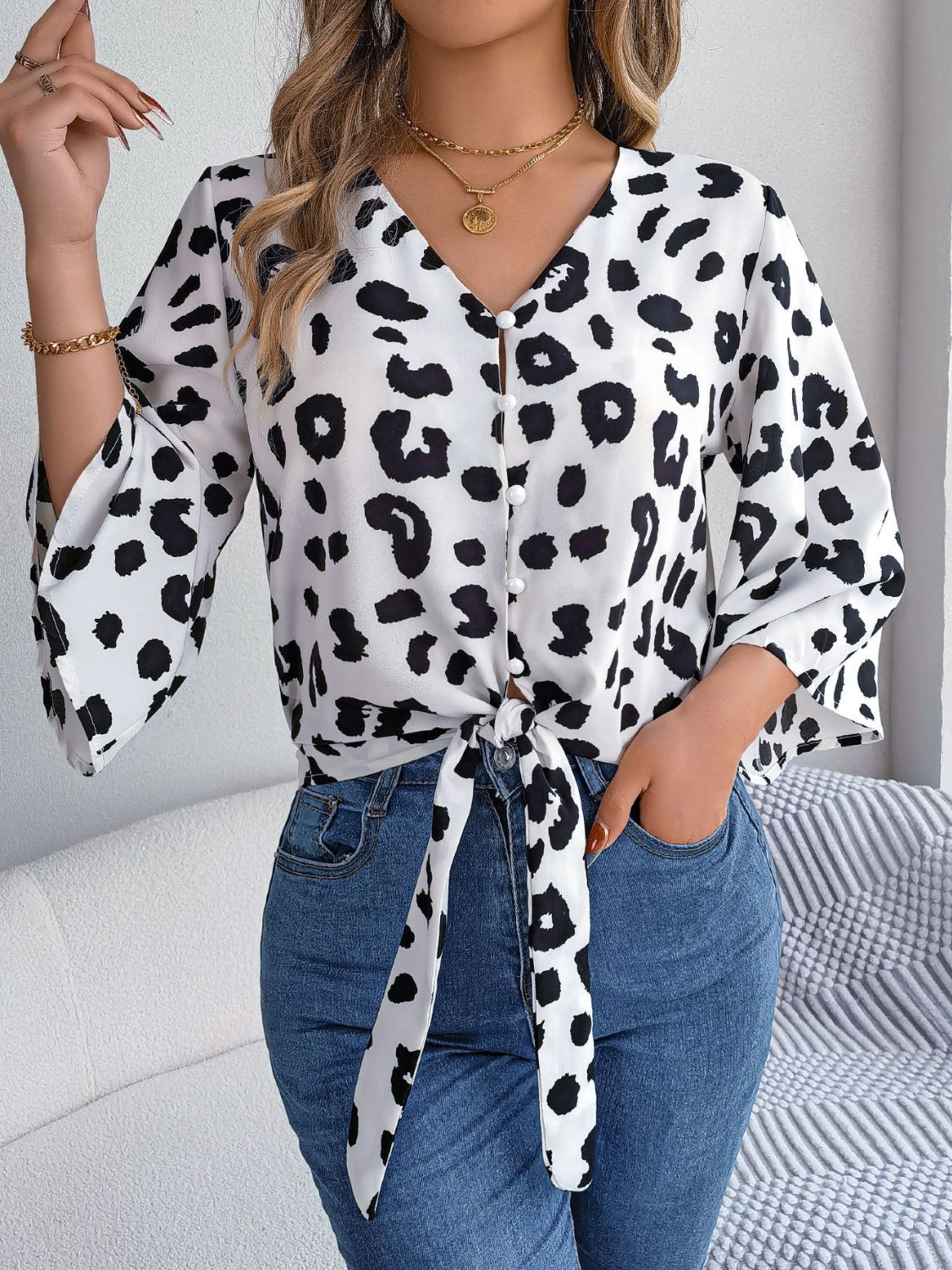 Tied Button Up Leopard V-Neck Blouse - More Colors! - In Style Chics Boutique LLC