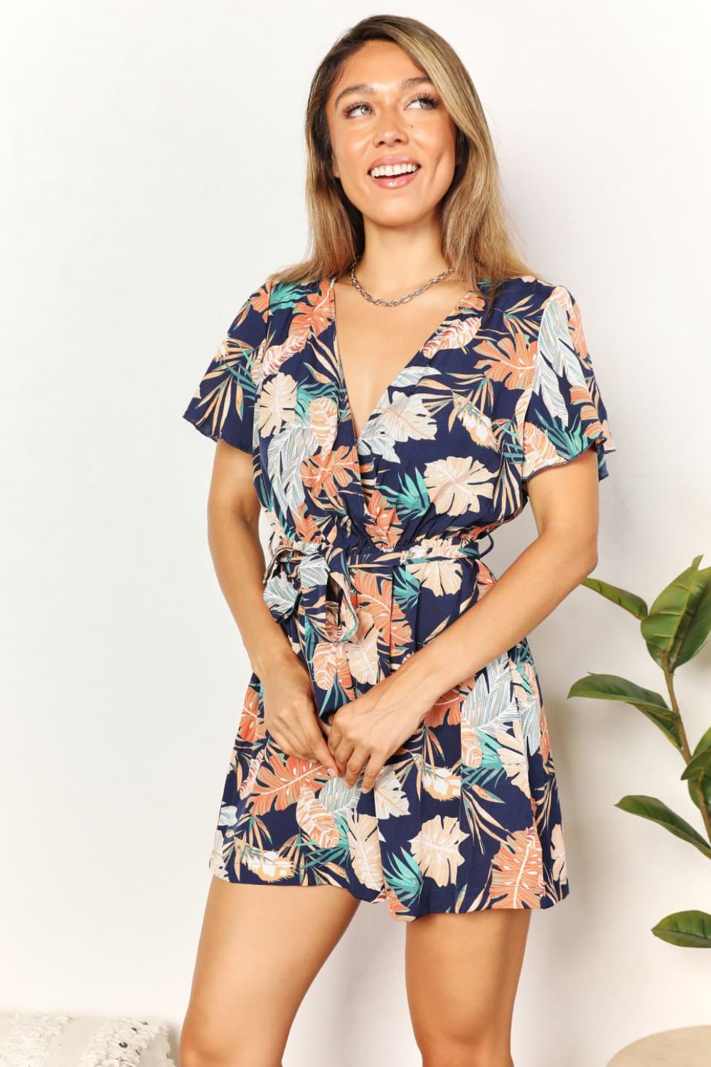 Double Take Botanical Print Surplice Neck Tie Waist Romper - In Style Chics Boutique LLC