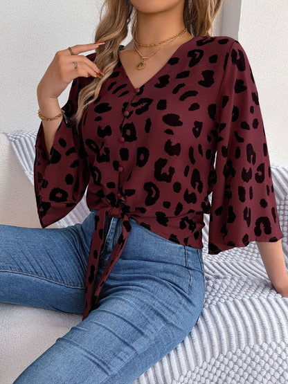 Tied Button Up Leopard V-Neck Blouse - More Colors! - In Style Chics Boutique LLC