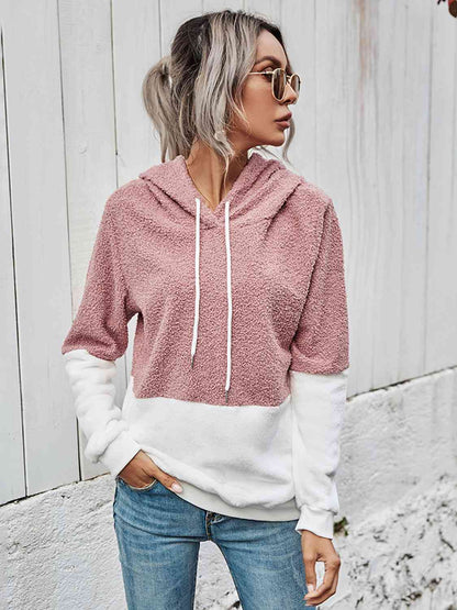 Contrast Drawstring Long Sleeve Hoodie - In Style Chics Boutique LLC