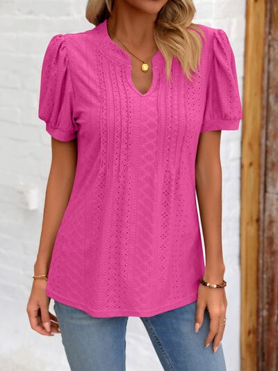 Eyelet Notched Puff Sleeve T-Shirt More Colors! - In Style Chics Boutique LLC