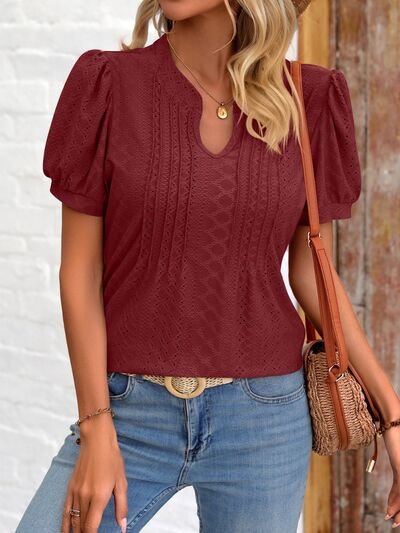 Eyelet Notched Puff Sleeve T-Shirt More Colors! - In Style Chics Boutique LLC