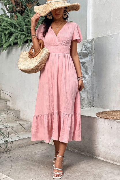 Surplice Neck Smocked Waist Flutter Sleeve Dress - In Style Chics Boutique LLC