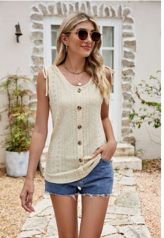 Full Size Decorative Button Eyelet Tied Tank - More Colors! - In Style Chics Boutique LLC