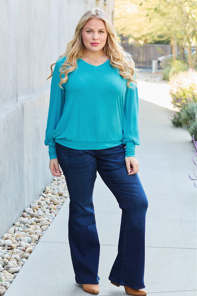 Basic Bae Full Size V-Neck Lantern Sleeve Blouse - More Colors! - In Style Chics Boutique LLC