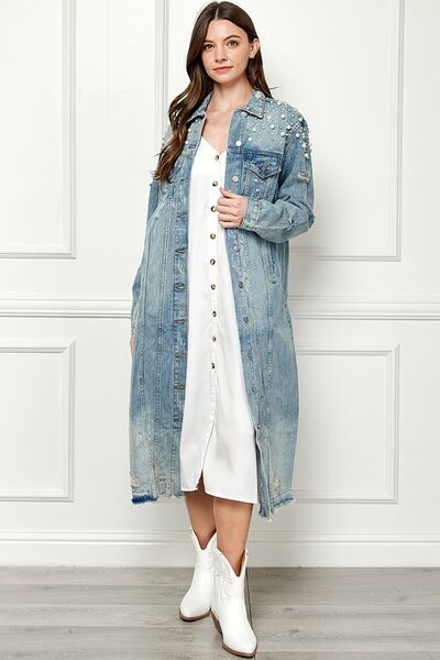 Veveret Full Size Distressed Raw Hem Pearl Detail Button Up Jacket - In Style Chics Boutique LLC