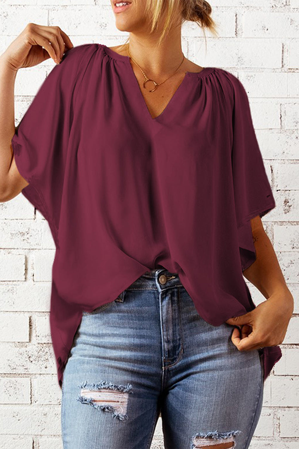 Gathered Detail Notched Neck Flutter Sleeve Top - More Colors! - In Style Chics Boutique LLC