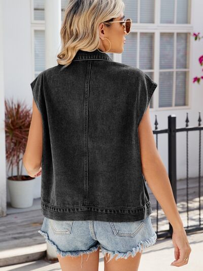 Pocketed Button Up Sleeveless Denim Jacket - In Style Chics Boutique LLC