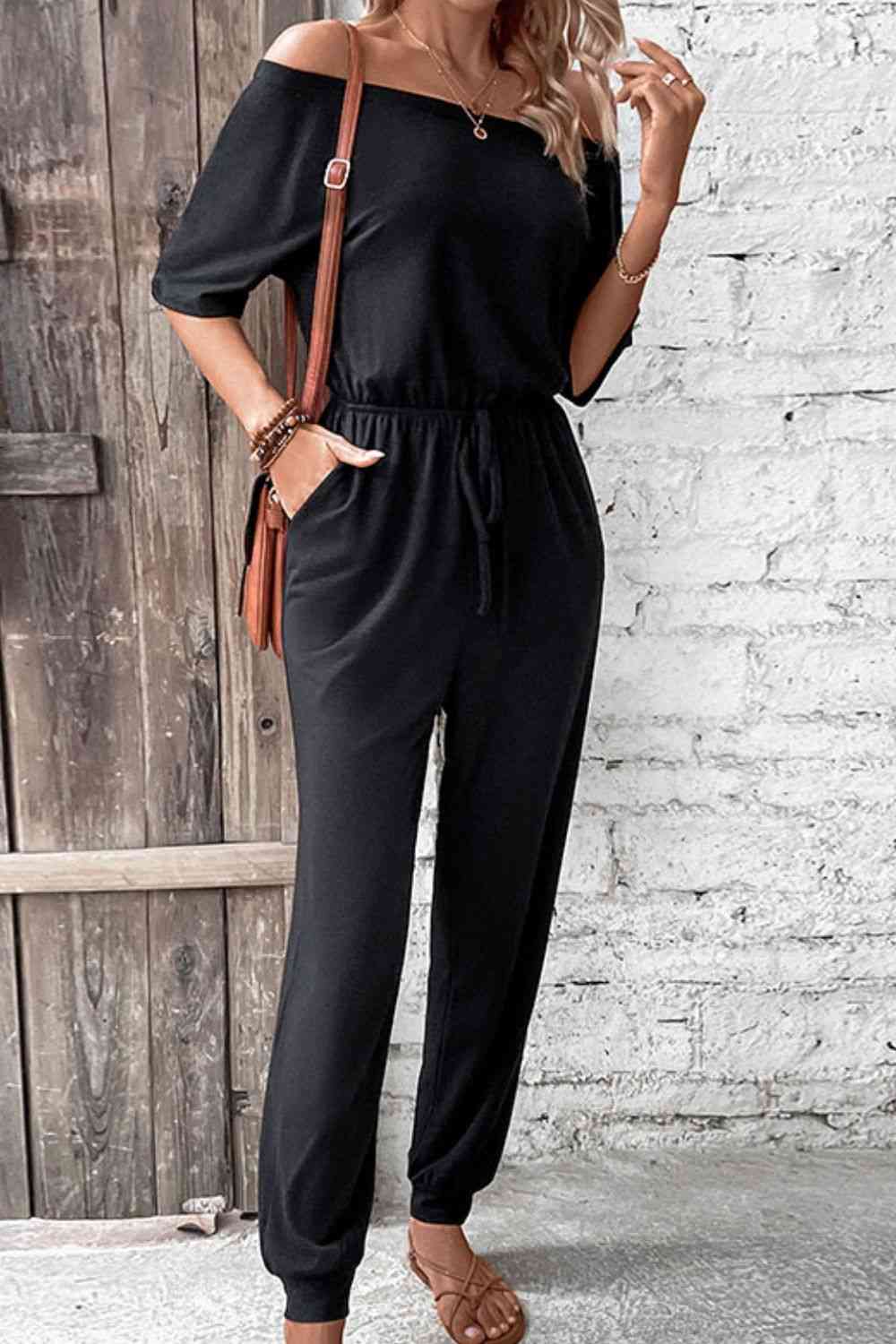 Off-Shoulder Jumpsuit with Pockets - In Style Chics Boutique LLC