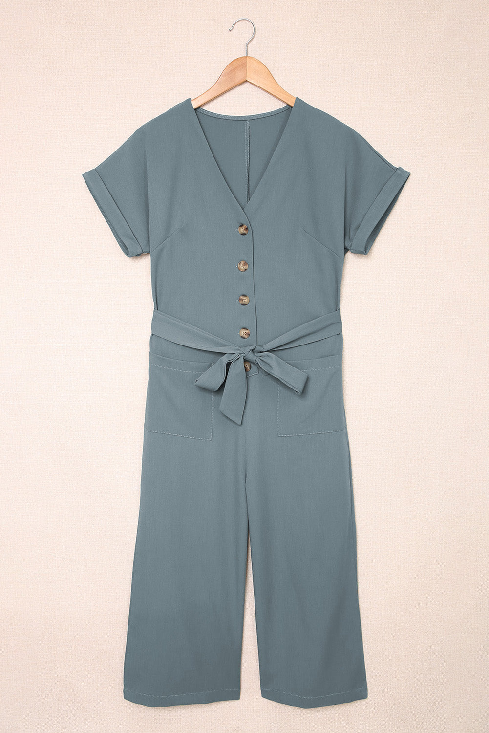 Tie-Waist Buttoned Cropped Jumpsuit - Moss or Misty Blue - In Style Chics Boutique LLC