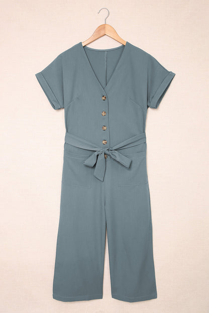 Tie-Waist Buttoned Cropped Jumpsuit - Moss or Misty Blue - In Style Chics Boutique LLC