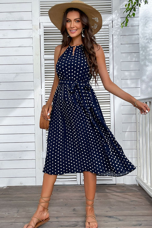 Polka Dot Tie-Waist Sleeveless Midi Dress - In Style Chics Boutique LLC