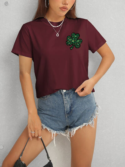 Lucky Clover Round Neck Short Sleeve T-Shirt - In Style Chics Boutique LLC