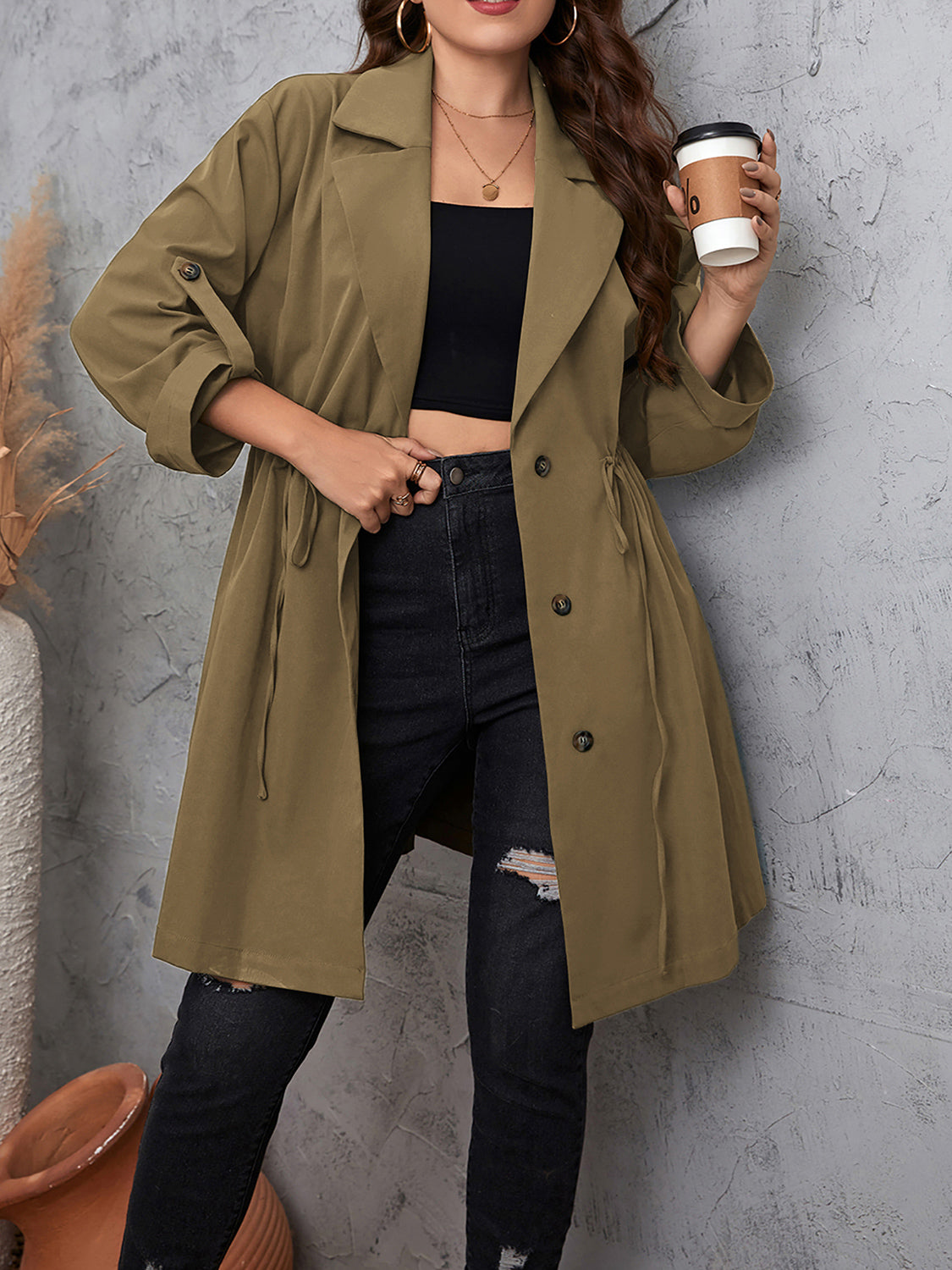 Plus Size Lapel Collar Drawstring Roll-Tab Sleeve Trench Coat - Mocha or Dusty Blue - In Style Chics Boutique LLC