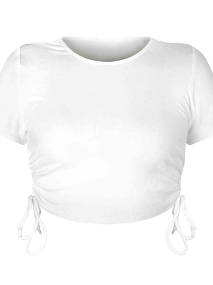 Round Neck Short Sleeve Drawstring Tee - White or Black - In Style Chics Boutique LLC