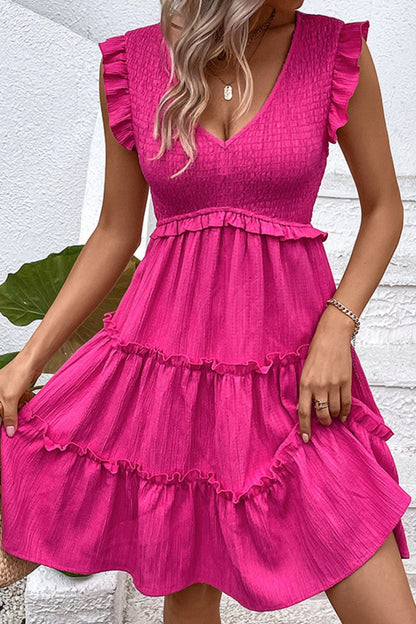 Smocked Frill Trim Deep V Dress - In Style Chics Boutique LLC