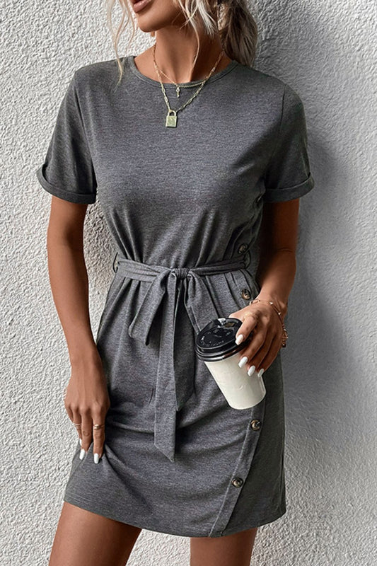 Decorative Button Tie-Waist Cuffed Sleeve Tee Dress - In Style Chics Boutique LLC