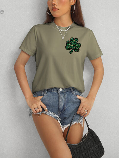 Lucky Clover Round Neck Short Sleeve T-Shirt - In Style Chics Boutique LLC