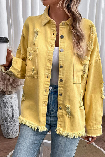 Distressed Button Up Raw Hem Denim Jacket - More Colors! - In Style Chics Boutique LLC