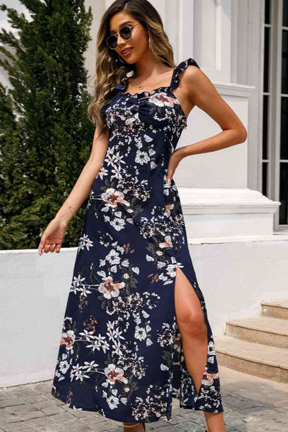 Floral Print Sleeveless Square Neck Slit Midi Dress - In Style Chics Boutique LLC