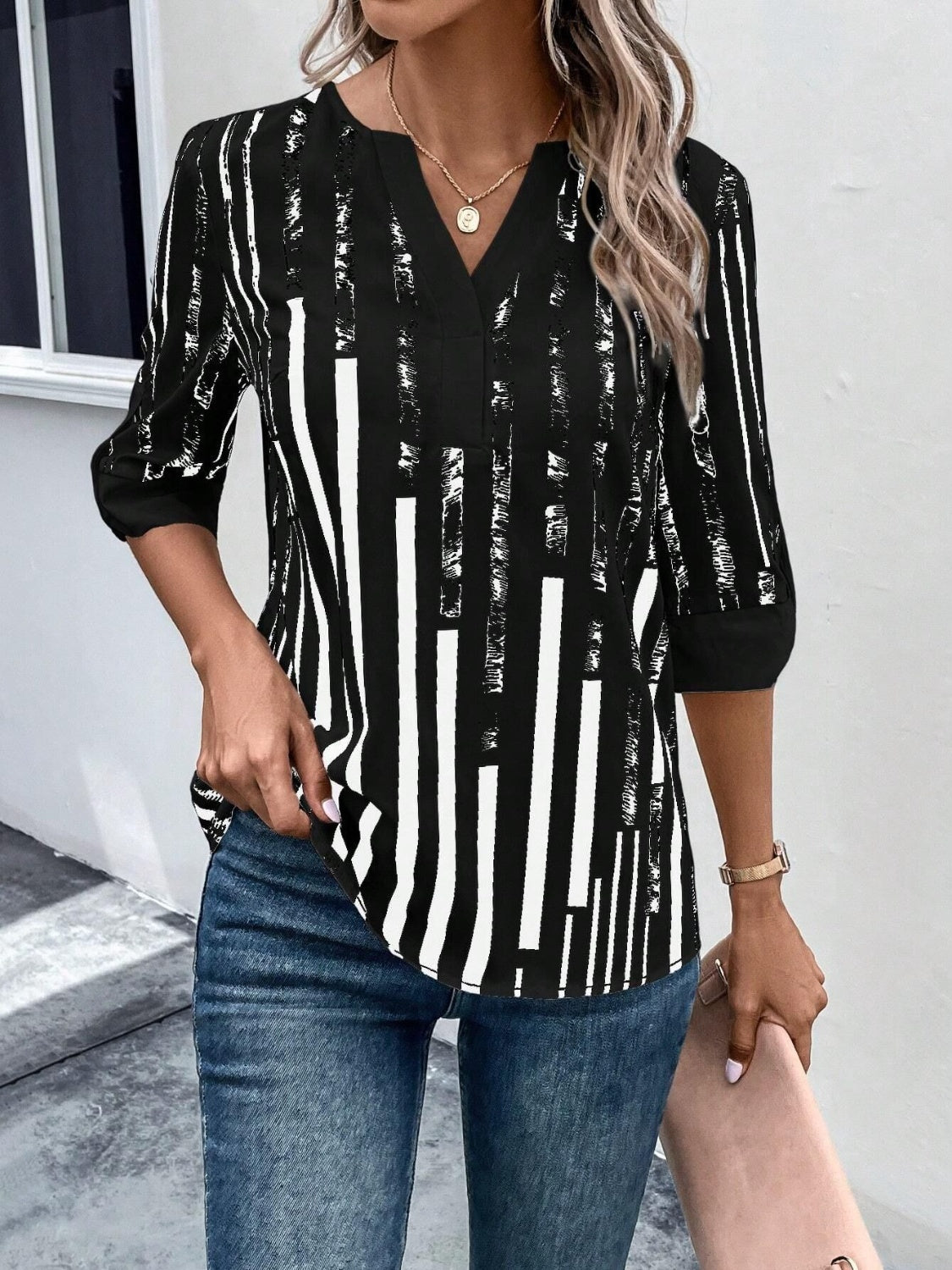 Striped Notched Half Sleeve Blouse More Color Options - In Style Chics Boutique LLC