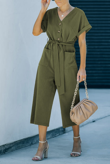 Tie-Waist Buttoned Cropped Jumpsuit - Moss or Misty Blue - In Style Chics Boutique LLC