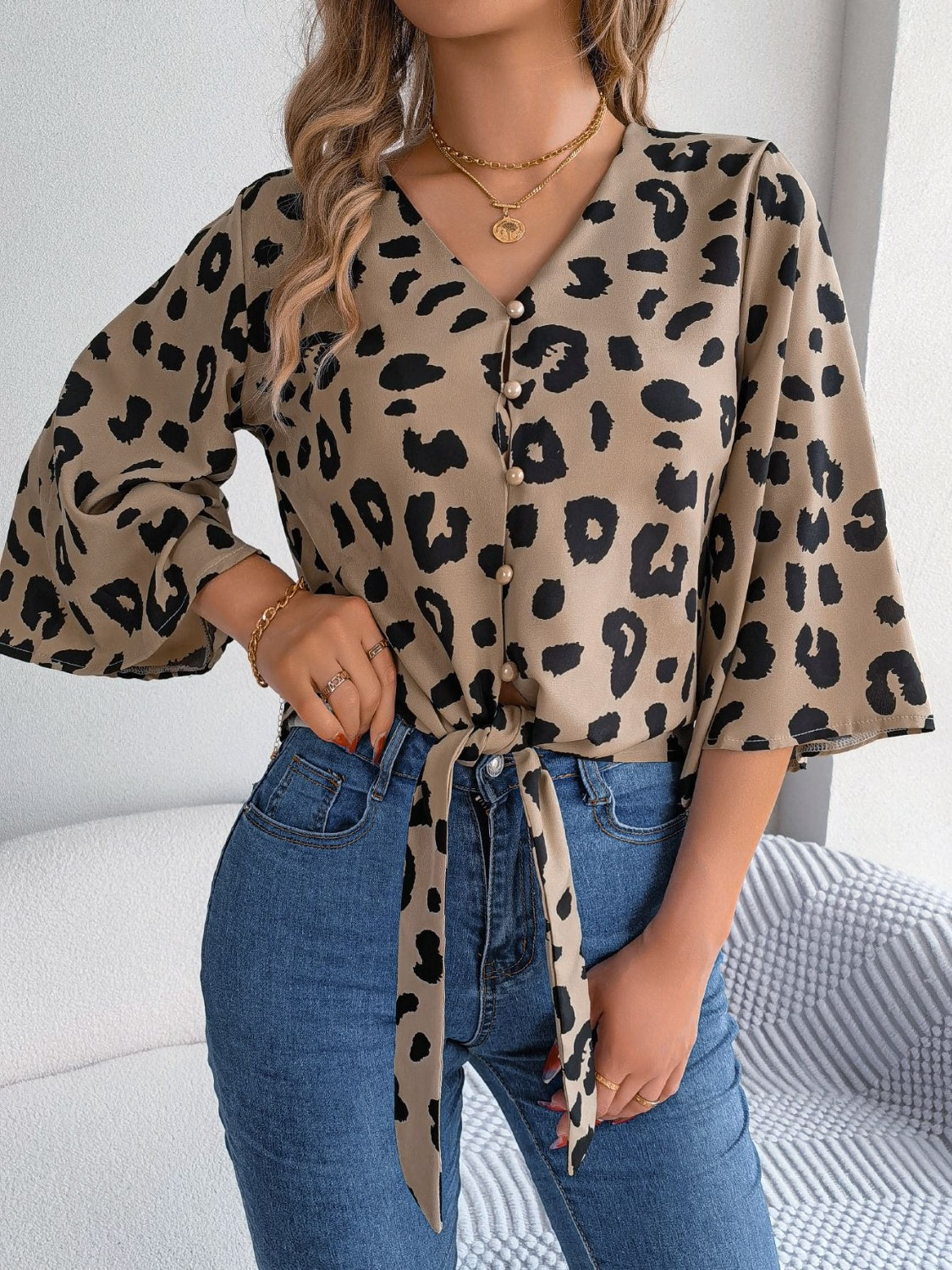 Tied Button Up Leopard V-Neck Blouse - More Colors! - In Style Chics Boutique LLC