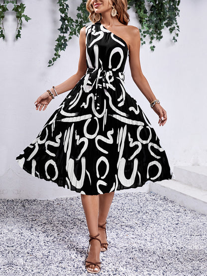 Printed Single Shoulder Tie Waist Dress - In Style Chics Boutique LLC