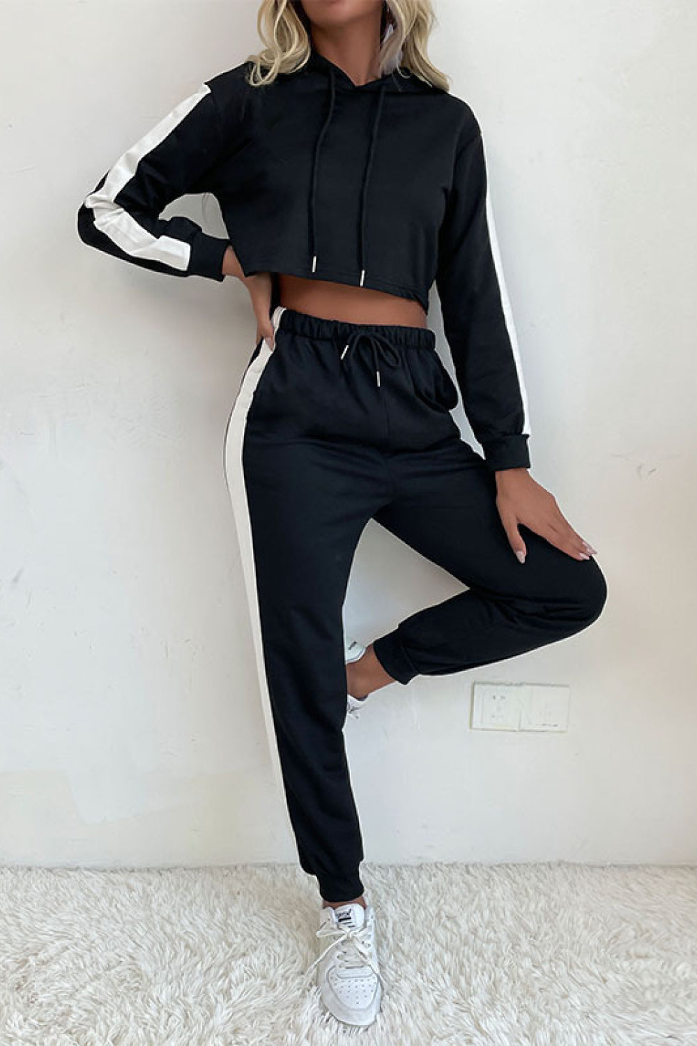 Side Stripe Cropped Hoodie and Jogger Set - In Style Chics Boutique LLC