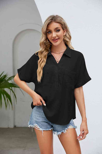 Half Button Johnny Collar Blouse Pink or Black - In Style Chics Boutique LLC