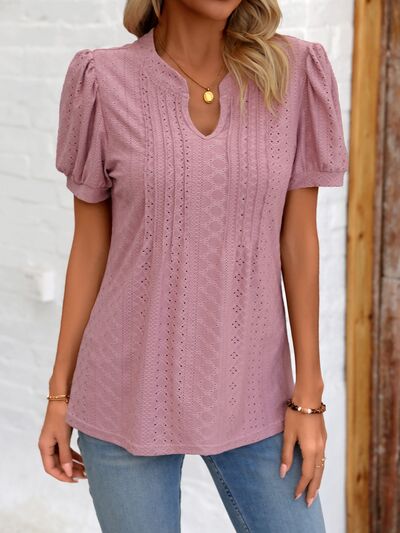 Eyelet Notched Puff Sleeve T-Shirt More Colors! - In Style Chics Boutique LLC