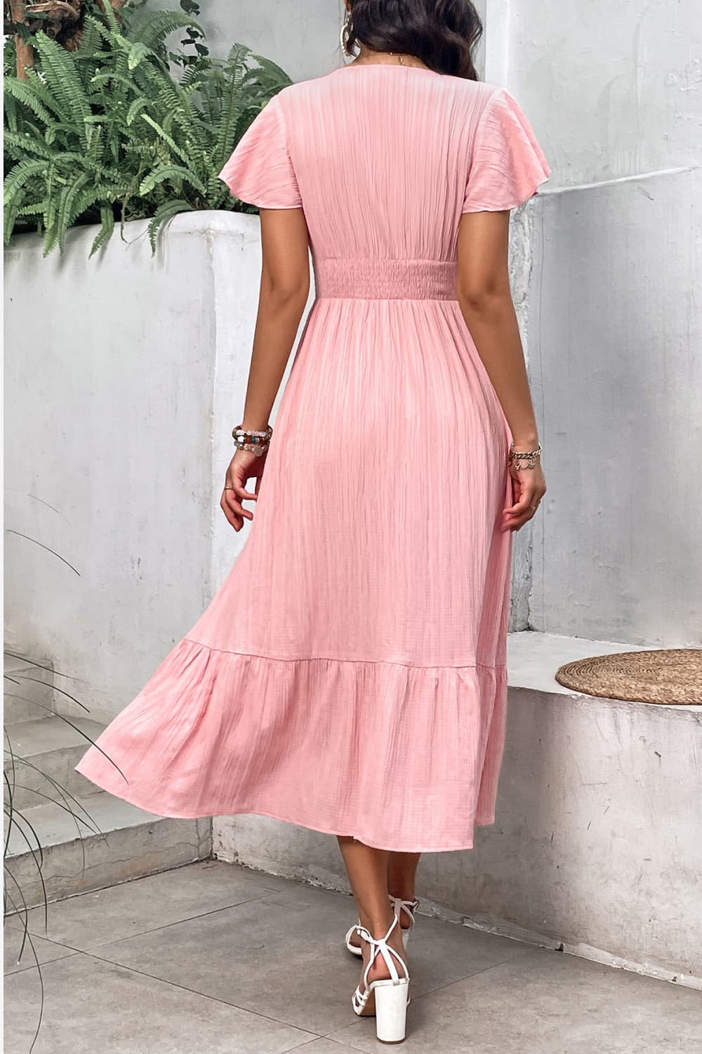 Surplice Neck Smocked Waist Flutter Sleeve Dress - In Style Chics Boutique LLC