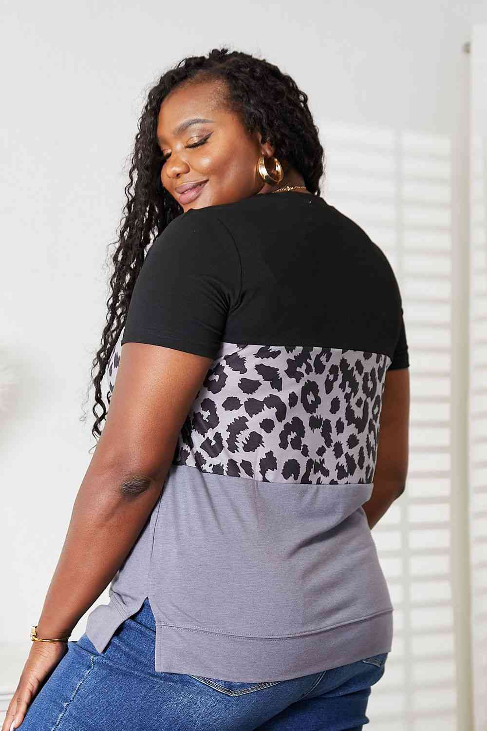 Double Take Leopard Print Color Block Short Sleeve T-Shirt - In Style Chics Boutique LLC