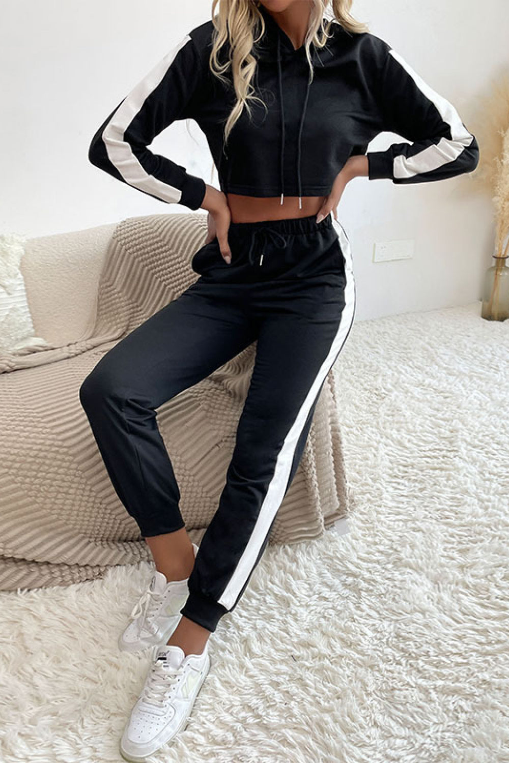 Side Stripe Cropped Hoodie and Jogger Set - In Style Chics Boutique LLC