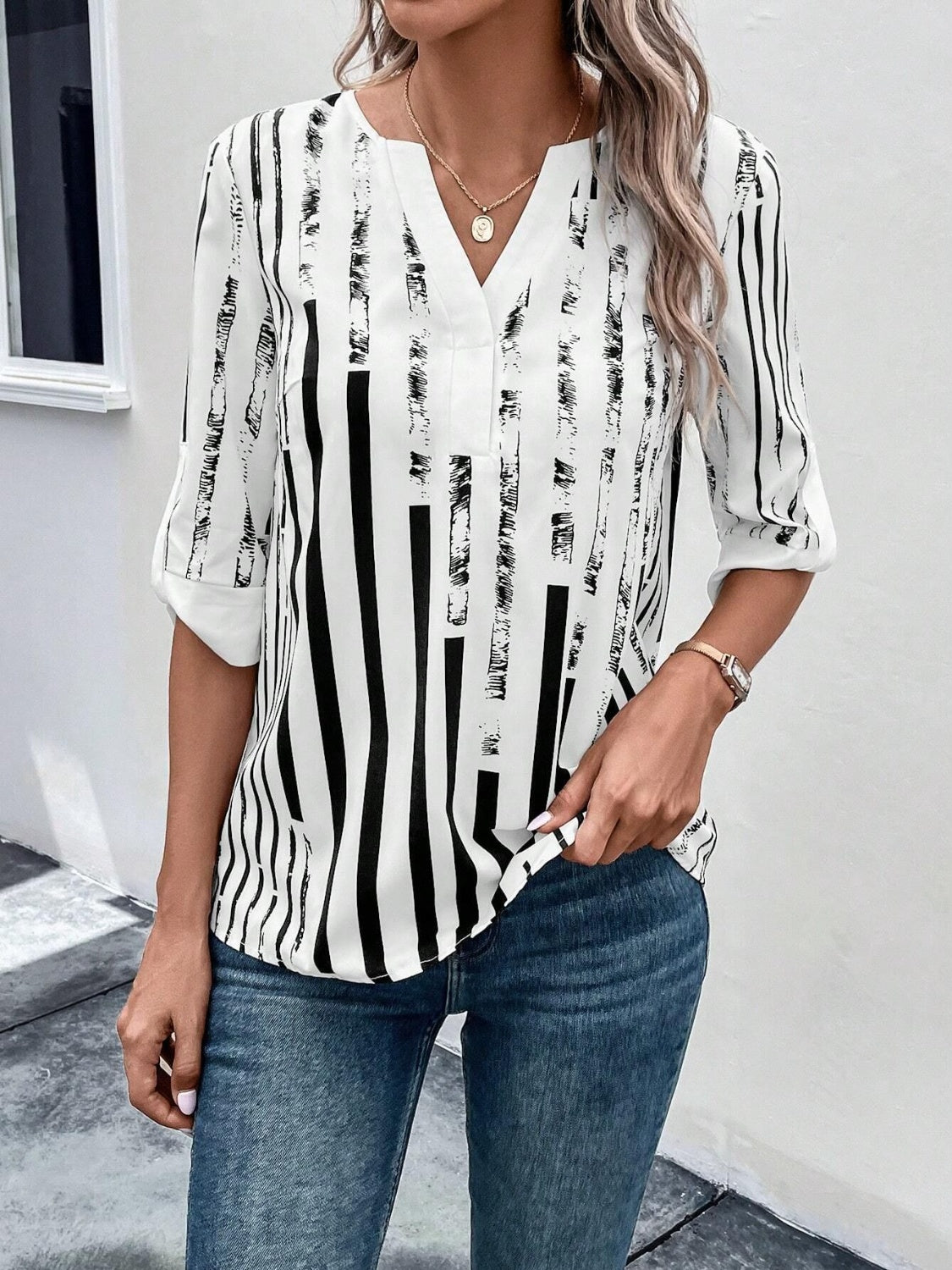 Striped Notched Half Sleeve Blouse More Color Options - In Style Chics Boutique LLC