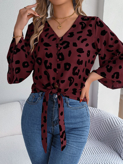 Tied Button Up Leopard V-Neck Blouse - More Colors! - In Style Chics Boutique LLC