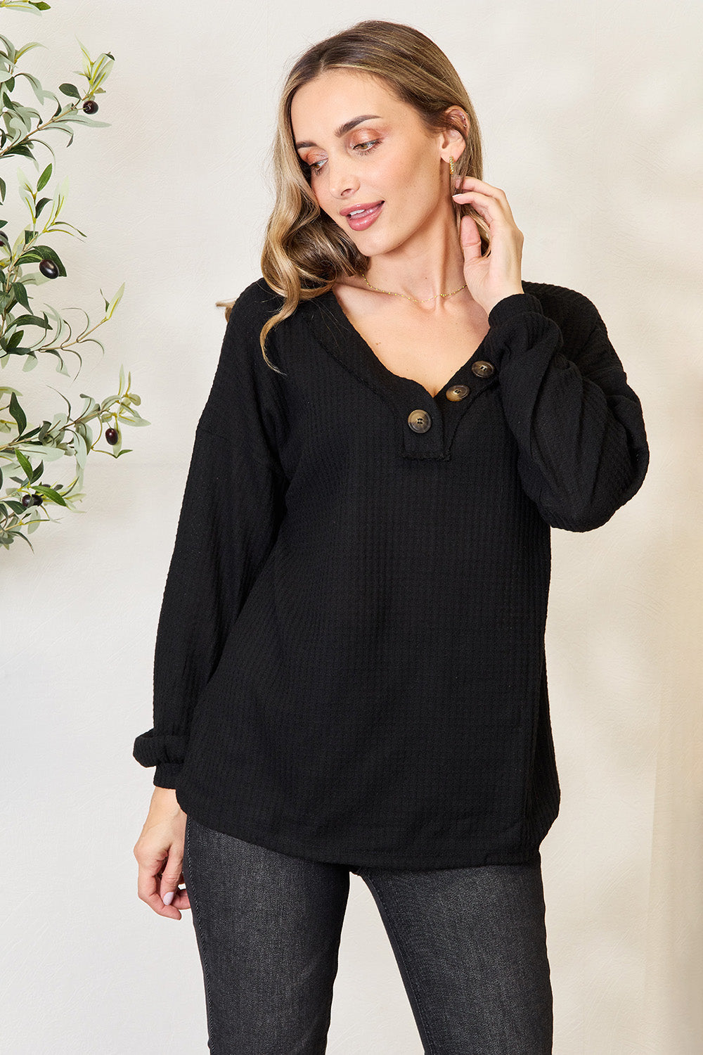 Zenana Buttoned Long Sleeve Blouse - In Style Chics Boutique LLC