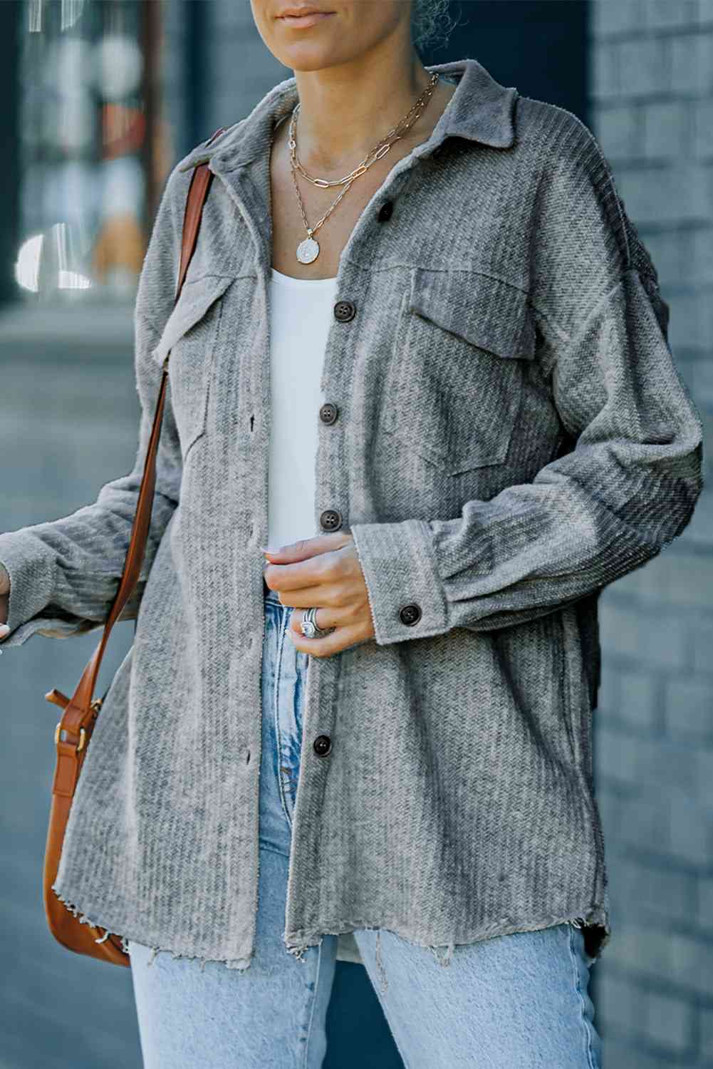 Textured Button Down Shirt Jacket with Pockets - In Style Chics Boutique LLC