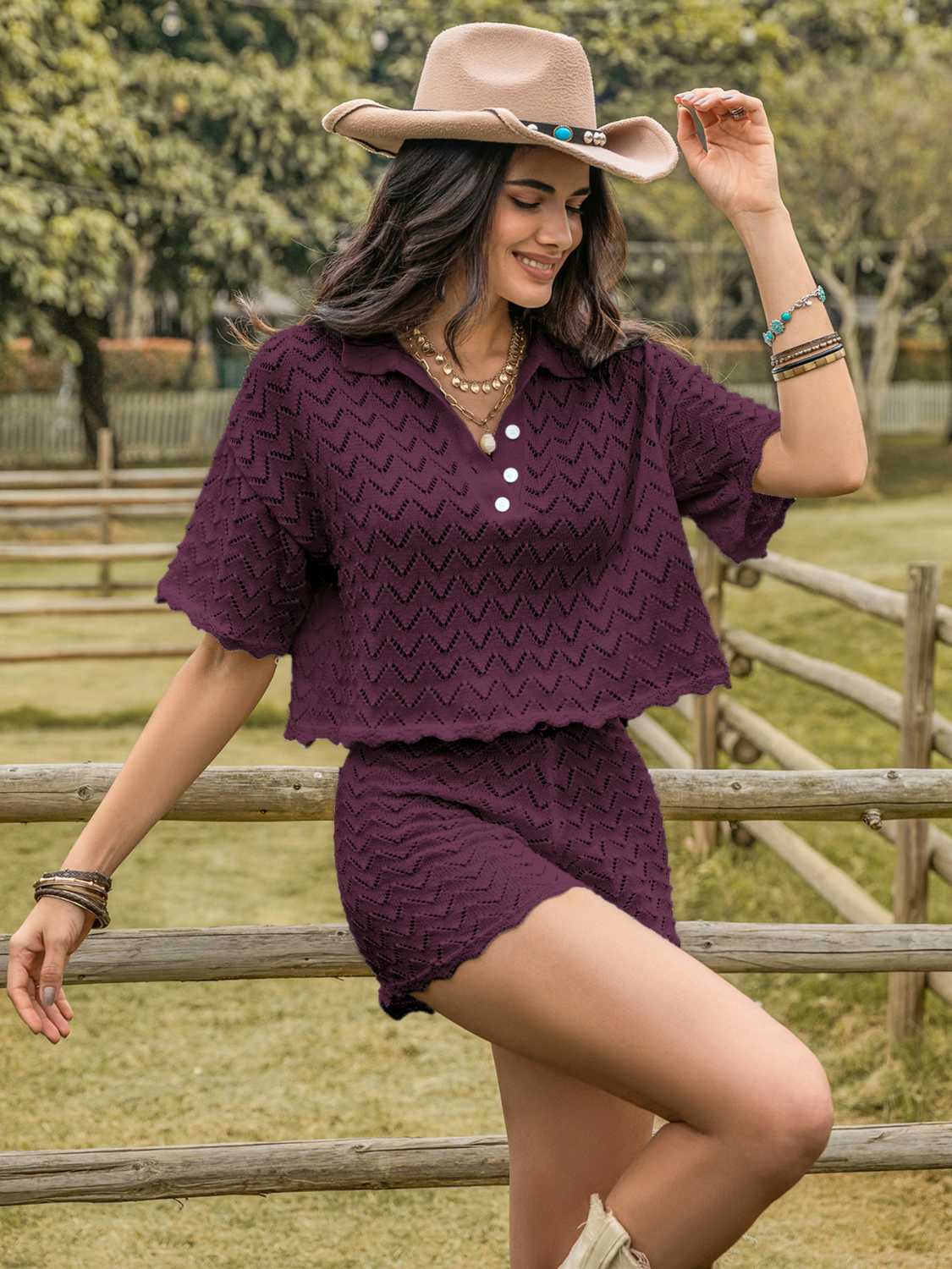 Eyelet Collared Neck Short Sleeve Top and Shorts Set - More Colors! - In Style Chics Boutique LLC