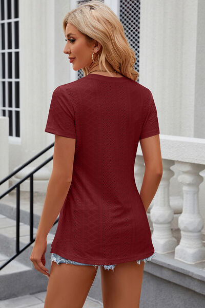 Eyelet Slit Round Neck Short Sleeve T-Shirt - More Colors! - In Style Chics Boutique LLC