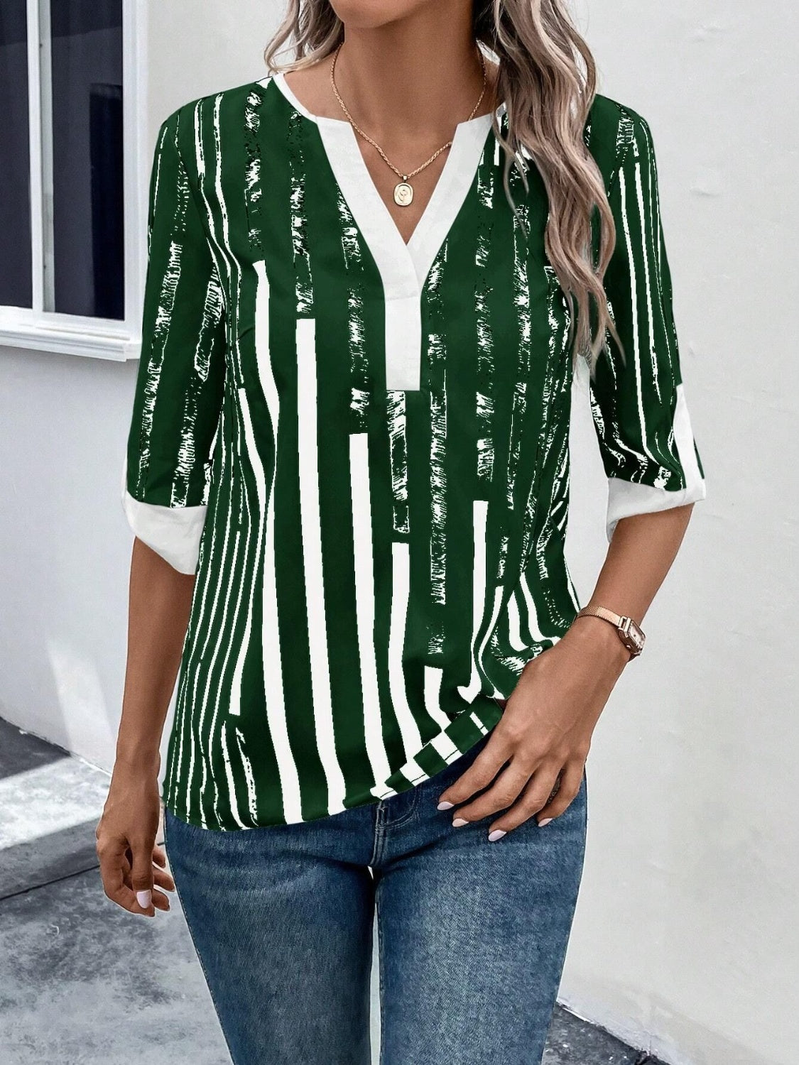 Striped Notched Half Sleeve Blouse More Color Options - In Style Chics Boutique LLC