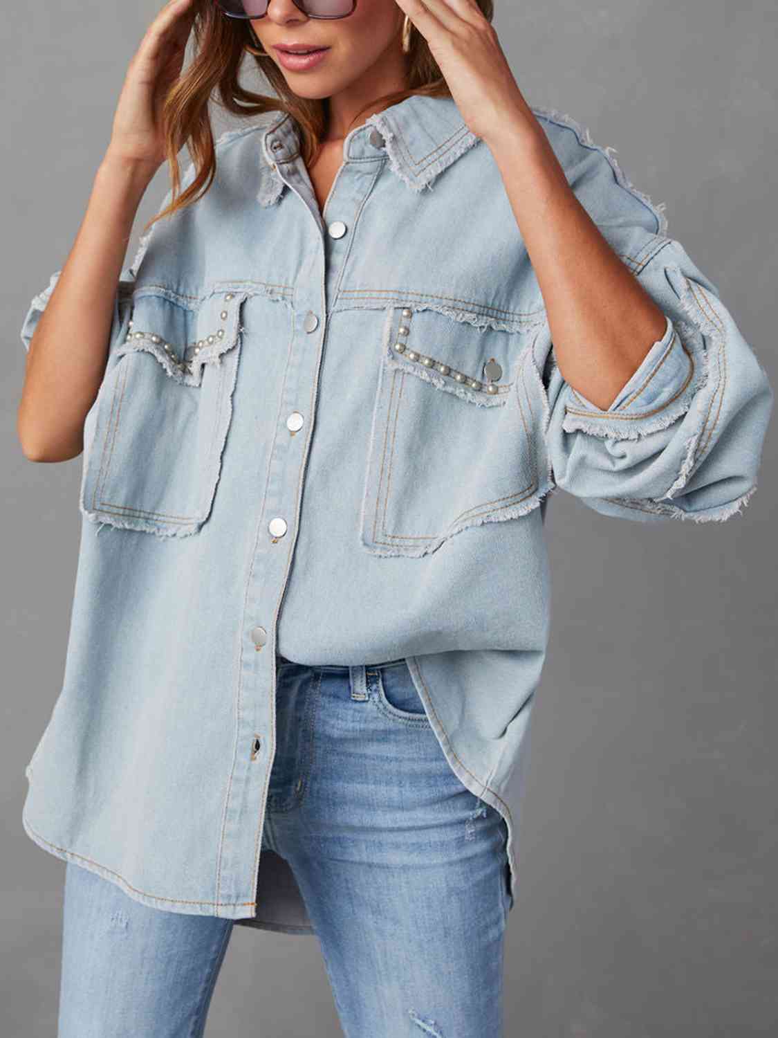 Button Down Raw Hem Denim Jacket - Ivory or Misty Blue - In Style Chics Boutique LLC