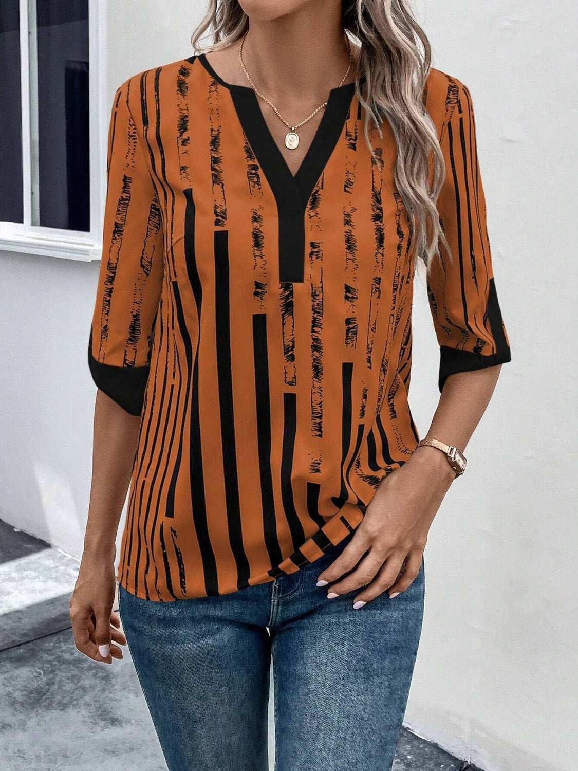 Striped Notched Half Sleeve Blouse More Color Options - In Style Chics Boutique LLC