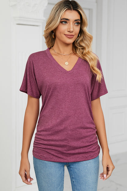 Ruched V-Neck Short Sleeve T-Shirt More Colors! - In Style Chics Boutique LLC