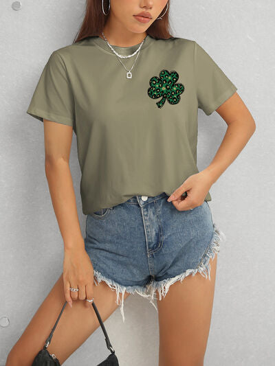 Lucky Clover Round Neck Short Sleeve T-Shirt - In Style Chics Boutique LLC