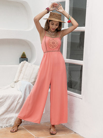 Openwork Spaghetti Strap Wide Leg Jumpsuit - Lavender or Coral - In Style Chics Boutique LLC