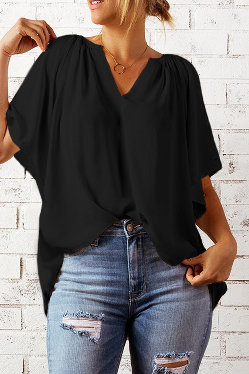 Gathered Detail Notched Neck Flutter Sleeve Top - More Colors! - In Style Chics Boutique LLC