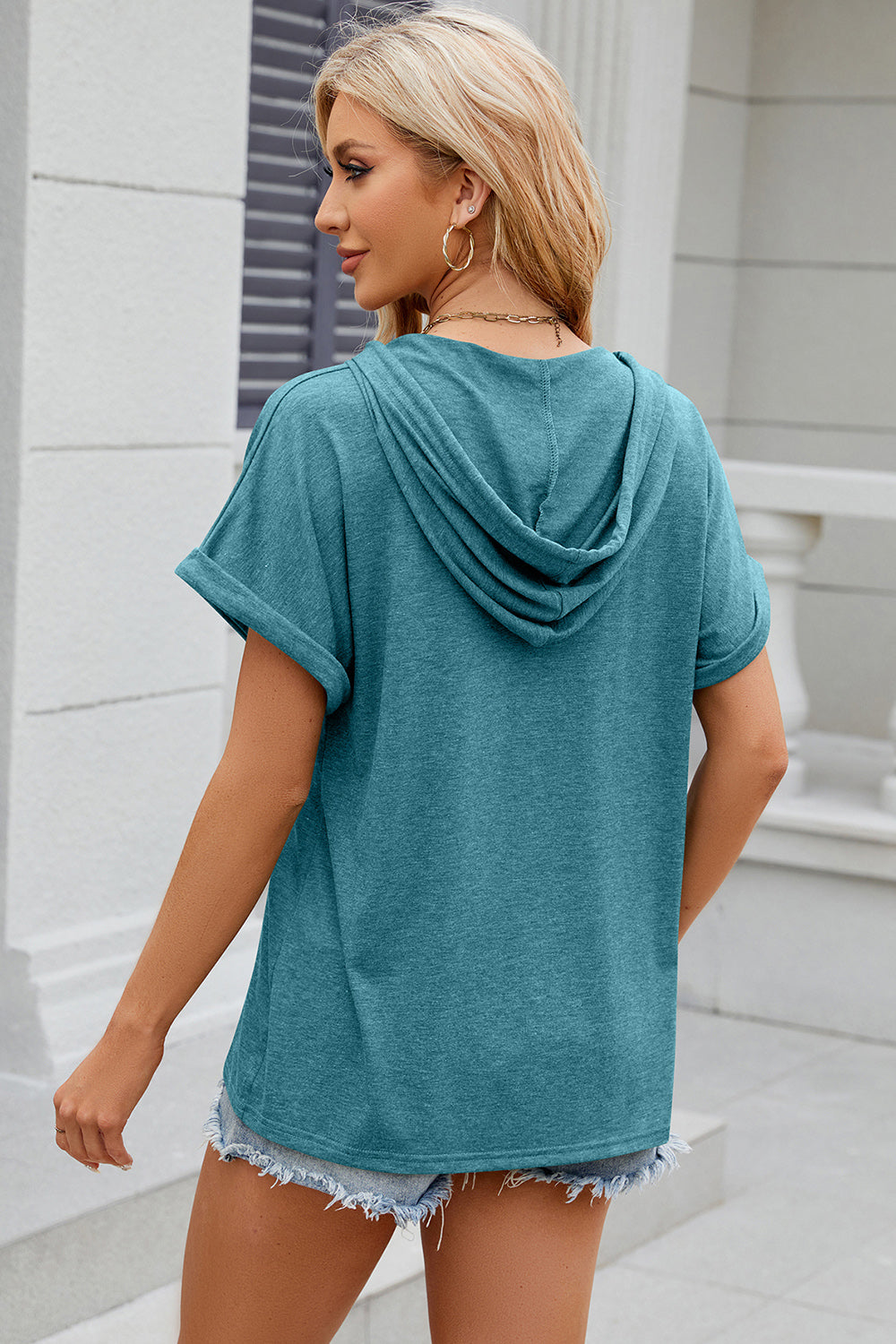 Half Button Drawstring Short Sleeve Hooded T-Shirt - More Colors! - In Style Chics Boutique LLC