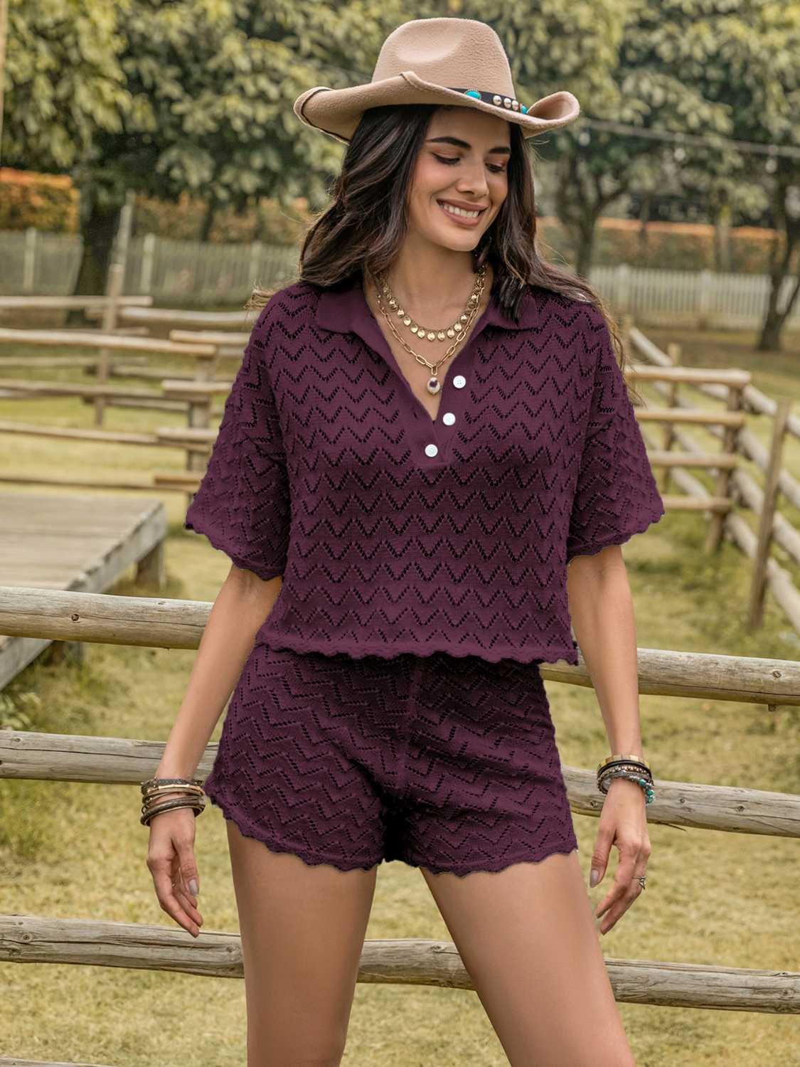 Eyelet Collared Neck Short Sleeve Top and Shorts Set - More Colors! - In Style Chics Boutique LLC